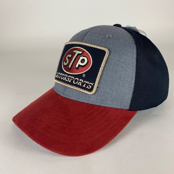 STP Motorsports Mens Gray Navy Blue Red Snapback Trucker Hat New - Picture 1 of 7